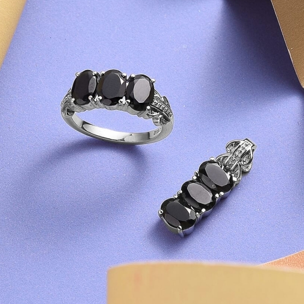 🆕️Thai Black Spinel 3 Stone Ring and Pendant in Stainless Steel - Ring Size 8